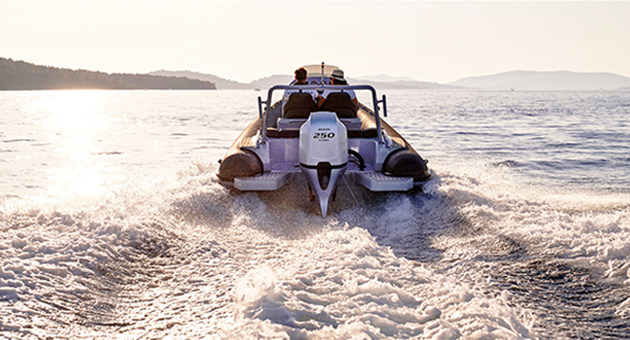 Back view of a boat with a BF 250